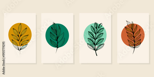 Abstract botanical illustration featuring four colorful leaf arrangements in frames