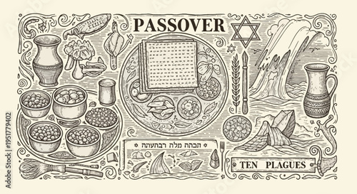 Detailed engraving illustrating various elements of the Jewish Passover holiday, including the Seder plate, Ten Plagues, and the parting of the Red Sea.