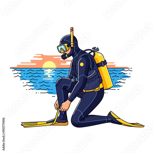 Scuba Diver Preparing for Dive at Sunset, Tying Fins