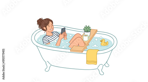 A woman relaxes in a bathtub, holding a smartphone, smiling as she enjoys a bath in a flat vector illustration on a white background