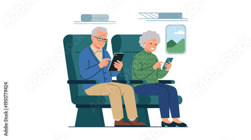 Elderly travelers using smartphones while on a trip, depicted as a modern senior man and woman seated, presented in a flat vector illustration on a white background