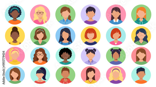 A collection of women's head portraits, a grid of faceless female avatars, and modern girl faces for user profiles featuring varied hairstyles, accessories, ponytails, braids, bob cuts, and