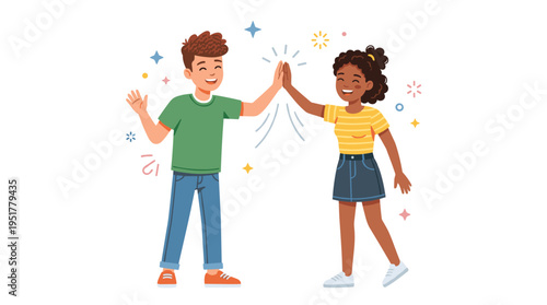 A smiling young man and woman in casual clothes give each other a high‑five, while a teenage boy and girl greet one another, all captured in a colorful flat‑style vector illustration