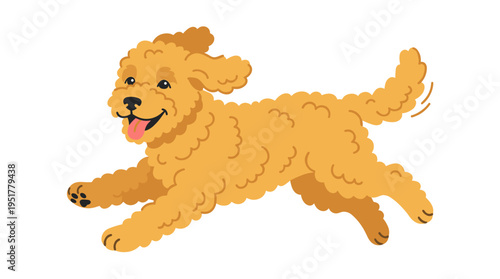 A Labradoodle dog dashes forward. A joyful goldendoodle with curly fur. A doodle breed canine. A fluffy puppy radiates positivity. A friendly pup in motion. A flat vector illustration set against a