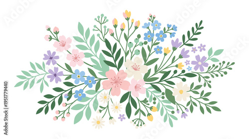 Soft spring blossoms with leaves, romantic garden flowers, a composition of blooming plants, delicate floral décor, a flat vector illustration set against a white background