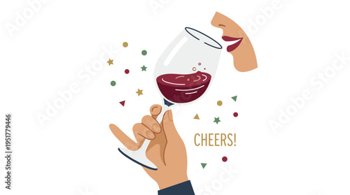 A hand grips a wine glass, sampling the alcoholic beverage as a sommelier swirls it, while celebrating a holiday with a toast and cheers, depicted as a flat vector illustration on a white background