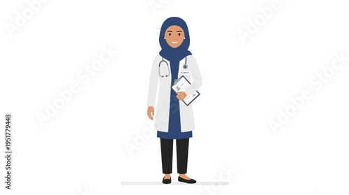 A Muslim female physician in a hospital coat and hijab, standing as a general practitioner, depicted in a flat vector illustration on a white background