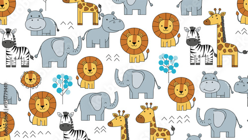 Cute seamless pattern of various stylized african animals like lions, giraffes, zebras, and elephants for nursery.