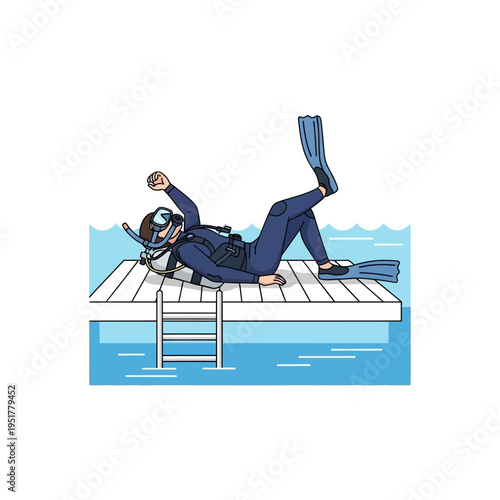 Scuba Diver Relaxing on Dock After Dive, Wearing Full Gear and Flippers