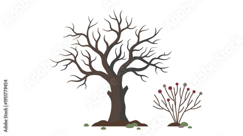 A lifeless tree stripped of all foliage, its bare branches and trunk exposed. A forest plant bearing winter twigs. A stylized botanical flat vector illustration set against a white background