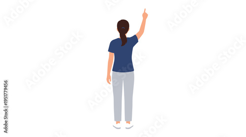 A woman stands with her back turned, pointing her finger upward; the female figure raises her arm from behind, gesturing in a reverse stance, shown as a flat vector illustration on a white background