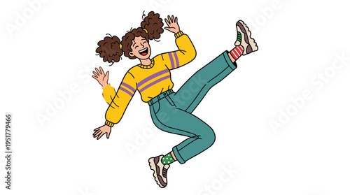 A humorous woman in an eccentric, comic stance, smiling and laughing, stands in a playful pose, depicted as a flat vector illustration set against a white background