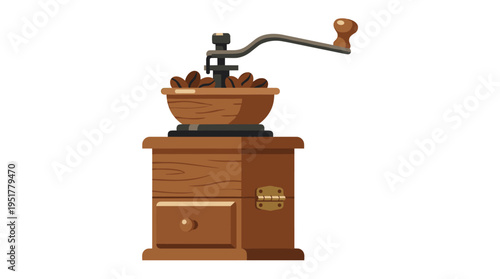 Hand-operated coffee bean grinder featuring a wooden handle, a vintage kitchen tool for freshly ground coffee, depicted as a flat vector illustration against a white background