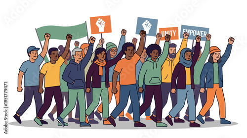 A crowd of people with clenched fists and raised hands protest, fighting for empowerment in a diverse movement of activists at a strike, depicted as a flat vector illustration on a white background