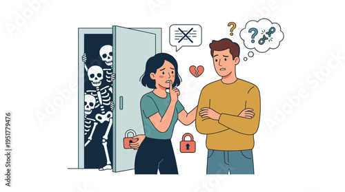 A woman lies and deceives a man, concealing skeletons in her closet; mistrust and deceit permeate their relationship, as the girlfriend keeps secrets and cheats, depicted in a flat vector