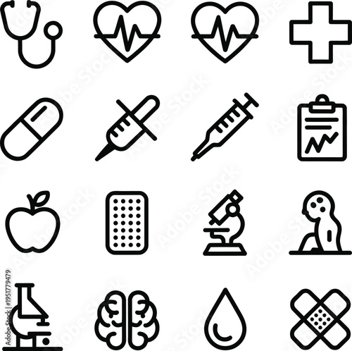 Black  medical including stethoscope and syringe heart rate medical cross