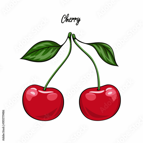 Two vibrant cherries with green stems and leaves are playfully displayed