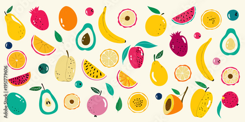 A vibrant colorful pattern featuring various sliced and whole fruits