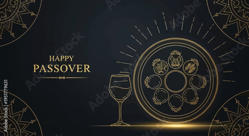Elegant Happy Passover greeting card with golden Seder plate, wine glass, and decorative patterns on a dark background.