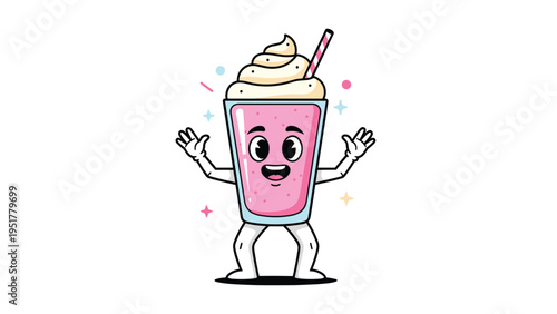 Pink strawberry milkshake cartoon character with whipped cream, a straw, and a happy face on white background.