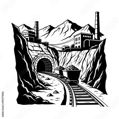 Monochrome Illustration of a Coal Mine with Tunnel and Railway.