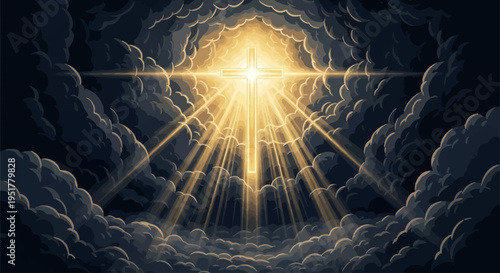 Bright cross-shaped light piercing through dark, dramatic clouds with golden rays streaming down from above, symbolizing hope and divine presence.