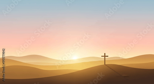 A solitary cross stands on a desert hill at sunrise or sunset, bathed in warm golden light under a gradient sky.
