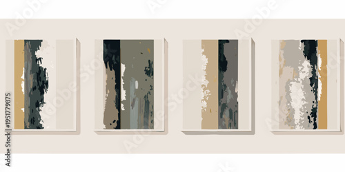 Abstract vertical compositions in four framed panels with textured brushstrokes