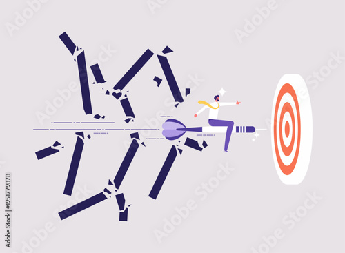 Achieving goals and success after obstacle breakthrough concept, target or overcome obstacles, businessman riding on darts and destroying a wall or obstruction to reach the target