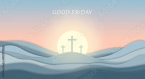 A serene illustration of three crosses on a hill at sunset, with "GOOD FRIDAY" text, symbolizing the Christian holiday.