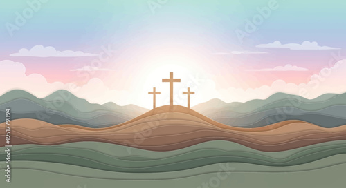 Stylized paper-cut illustration of three crosses on a hill at sunrise, with layered pastel and earthy tones.