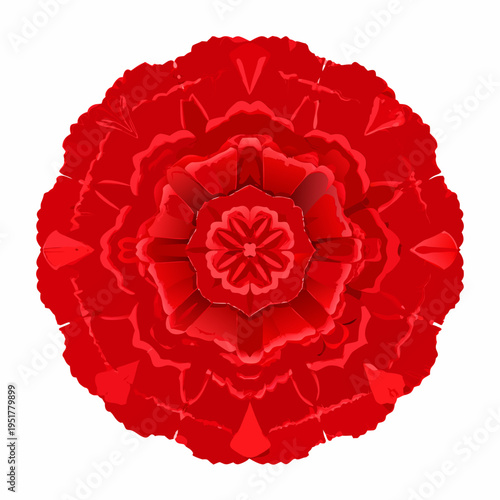 A vibrant symmetrical red flower illustration with detailed petal layers
