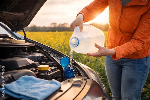 Woman pouring windshield washer fluid into car reservoir