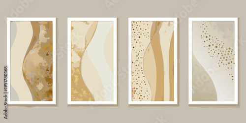 Abstract art featuring four vertical panels with gold and beige tones