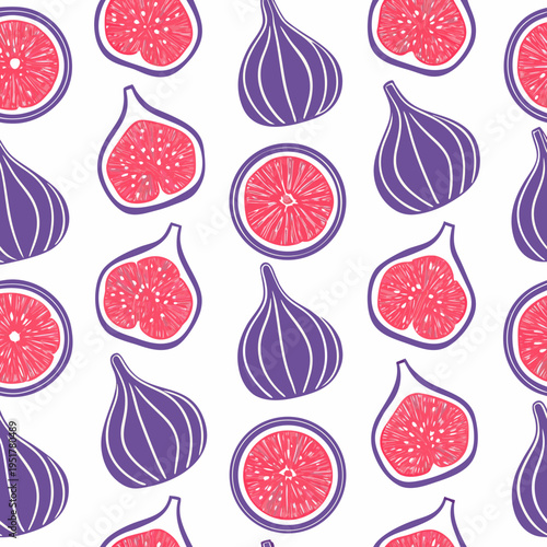 Seamless pattern of purple figs and red fig slices on white
