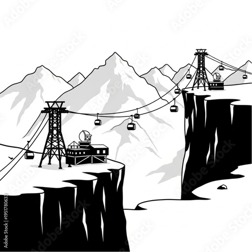 Monochrome Illustration of a Ski Lift Connecting Mountain Peaks.