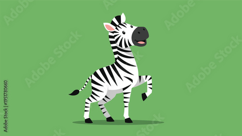 Adorable cartoon zebra with black and white stripes standing on its hind leg against a solid green background for children education.