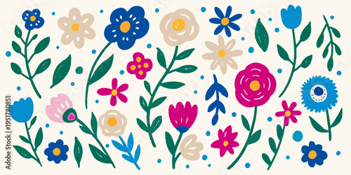 A colorful hand drawn illustration of various wildflowers and foliage