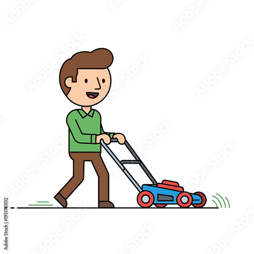 Man pushing lawn mower.