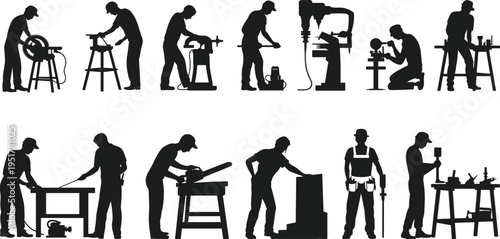 Carpenter and industrial worker silhouettes set, woodworking and drilling workshop activities, craftsman using tools cutting sanding measuring, construction labor vector