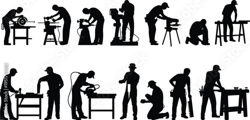 Carpenter and woodworking worker silhouettes set, craftsman using saw drill and sanding tools shaping wood in workshop, carpentry industry labor vector illustration