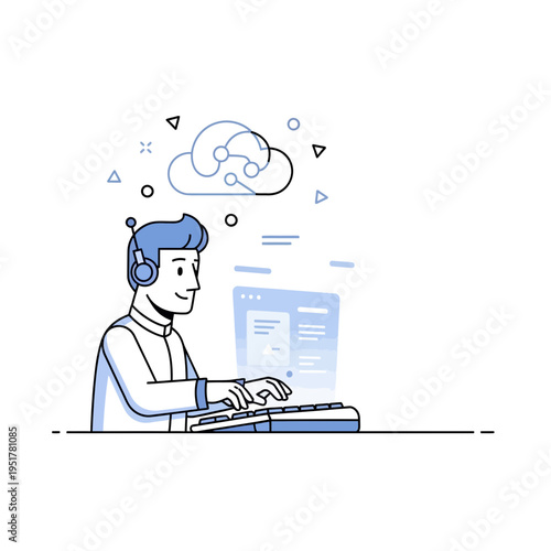 Man Wearing Headset Typing.