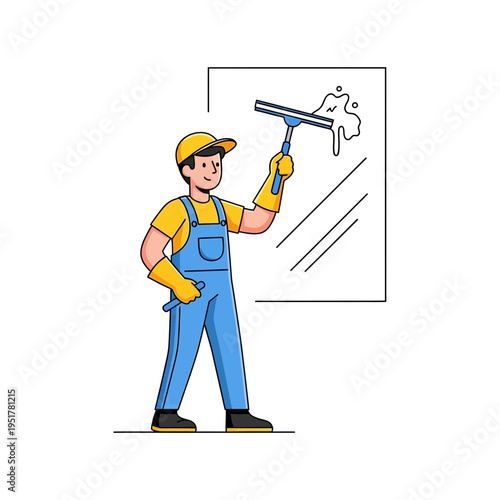 Man cleaning window glass.