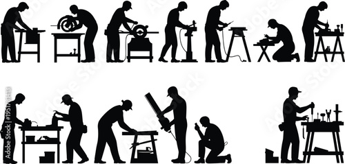 Carpenter silhouettes working in woodworking workshop, craftsman using saw drill and sanding tools shaping wood, carpentry industry labor activity vector illustration set
