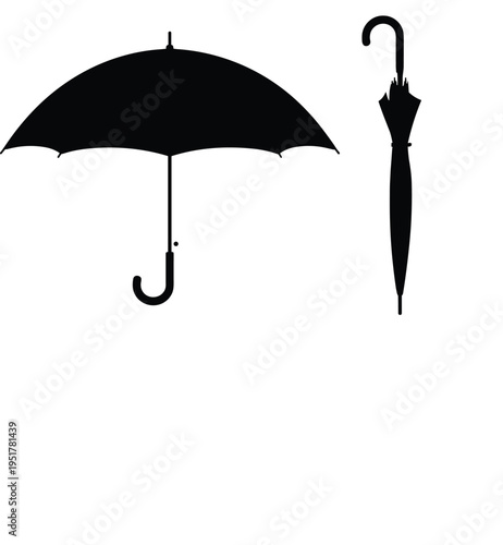 Black, umbrella, silhouette, open, and, closed, set, isolated, on, white, background, weather, protection, rain, parasol, accessory, object, icon, vector, illustration