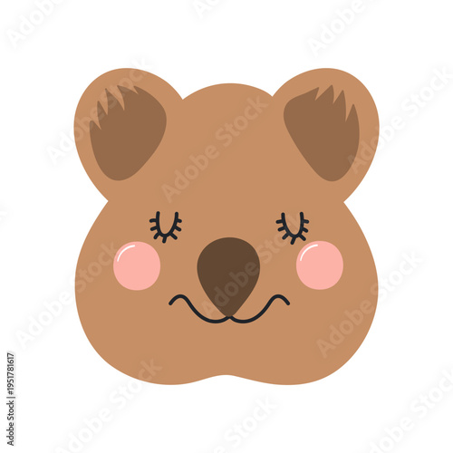 Cute little quokka face illustration isolated. Kawaii cartoon character. Wild animal, baby animal, Australian wildlife, nature, fauna. Kids print, design element, clip art. Hand drawn flat vector