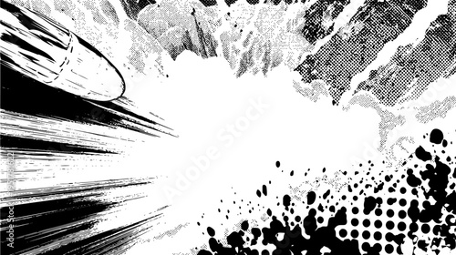 Comic explosion with halftone and speed lines. Explosive black ink splatter comic blast background with dynamic radial speed lines