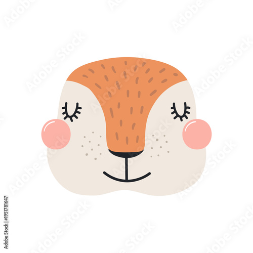 Cute little xerus, ground squirrel face illustration isolated. Kawaii cartoon character. Wild animal, baby animal, African wildlife, fauna. Kids print, design element, clip art. Hand drawn flat vector