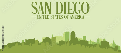Green panoramic poster of the city skyline with solid background buildings on a hilly terrain of SAN DIEGO, UNITED STATES