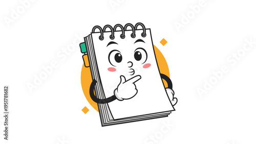 Cute cartoon spiral notebook character with a pensive expression holding its hand to its chin against a yellow circular background.